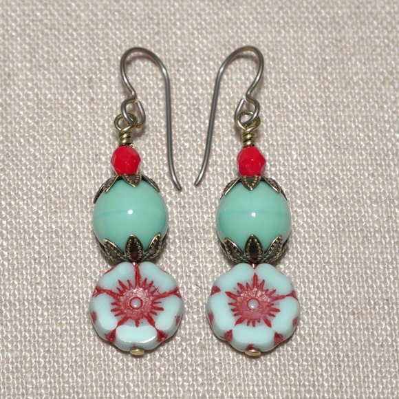 Hand Crafted Handmade Earrings Czech Glass Mint Green & Red Flower Long Earrings - Picture 1 of 5
